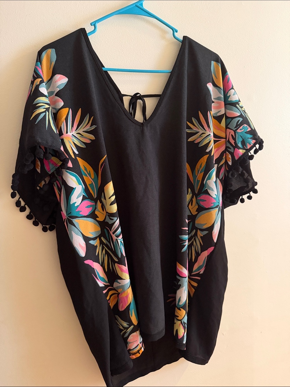 Xhilaration Black Floral V-Neck Tunic with Pom-Pom Trim